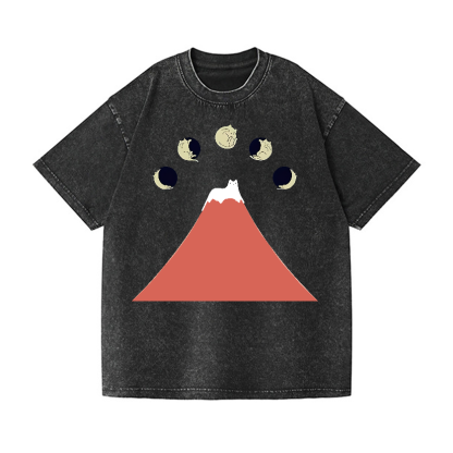 Mount FUJI Moon Cat Vintage Wash Japanese Design T-Shirt