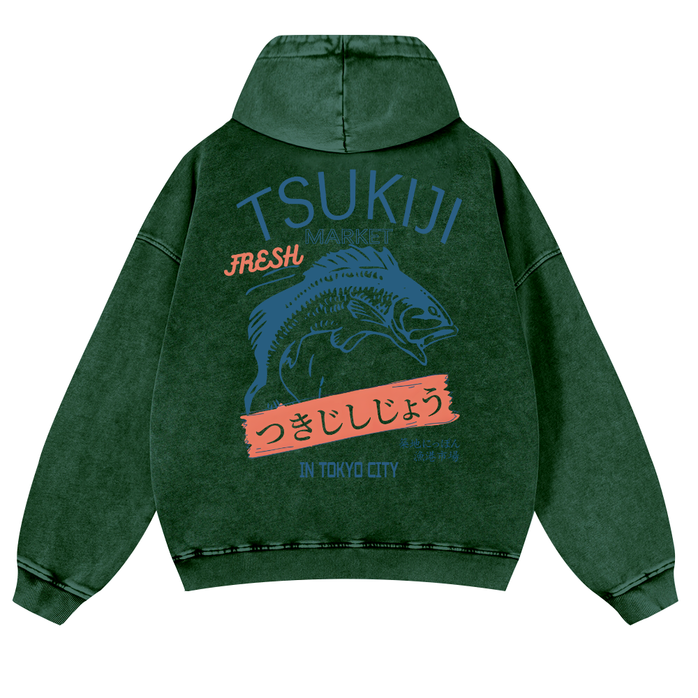 Tsukiji Fish Market Vintage Washed Cotton Back Art Hoodie