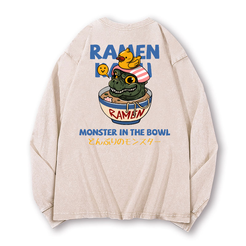 Ramen Godzilla Vintage Washed Cotton Back Art Long-sleeve T-shirt