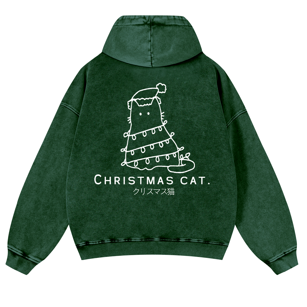 Christmas Cat Vintage Washed Cotton Back Art Hoodie