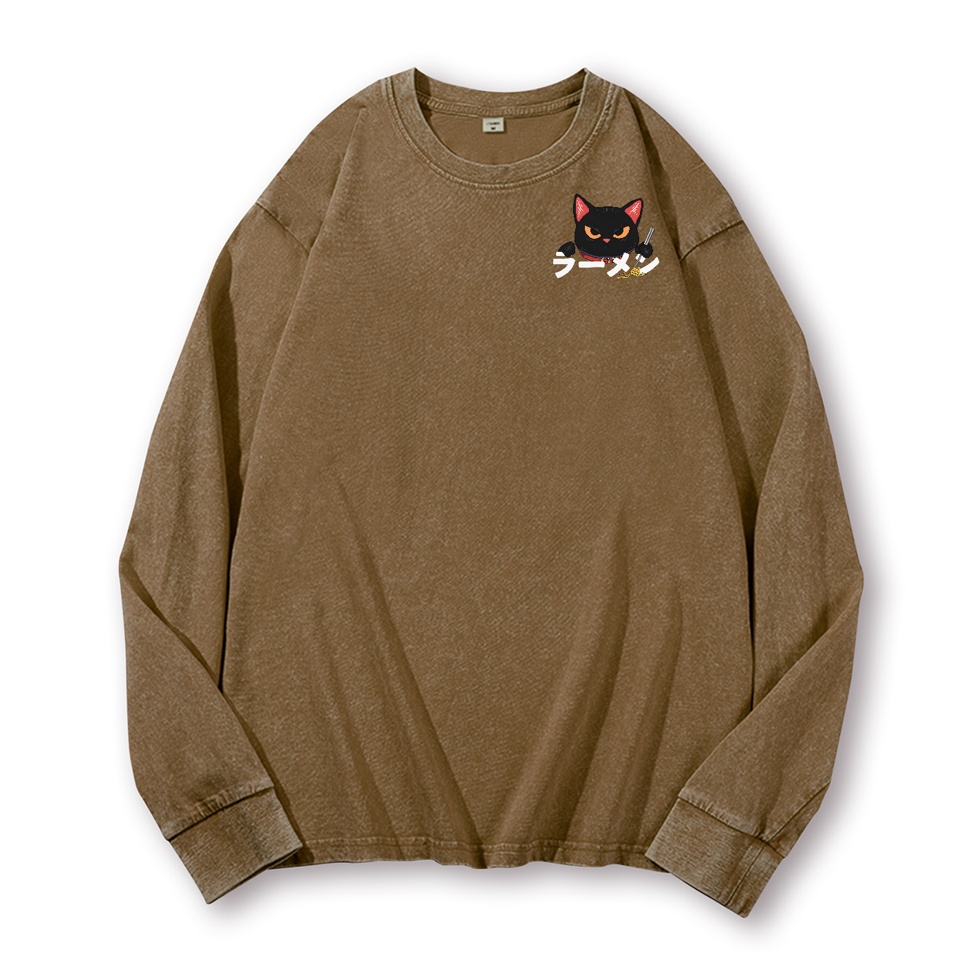 Ramen Black Cat Vintage Washed Cotton Back Art Long-sleeve T-shirt