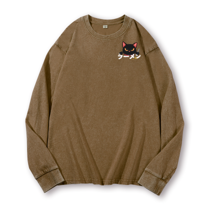 Ramen Black Cat Vintage Washed Cotton Back Art Long-sleeve T-shirt
