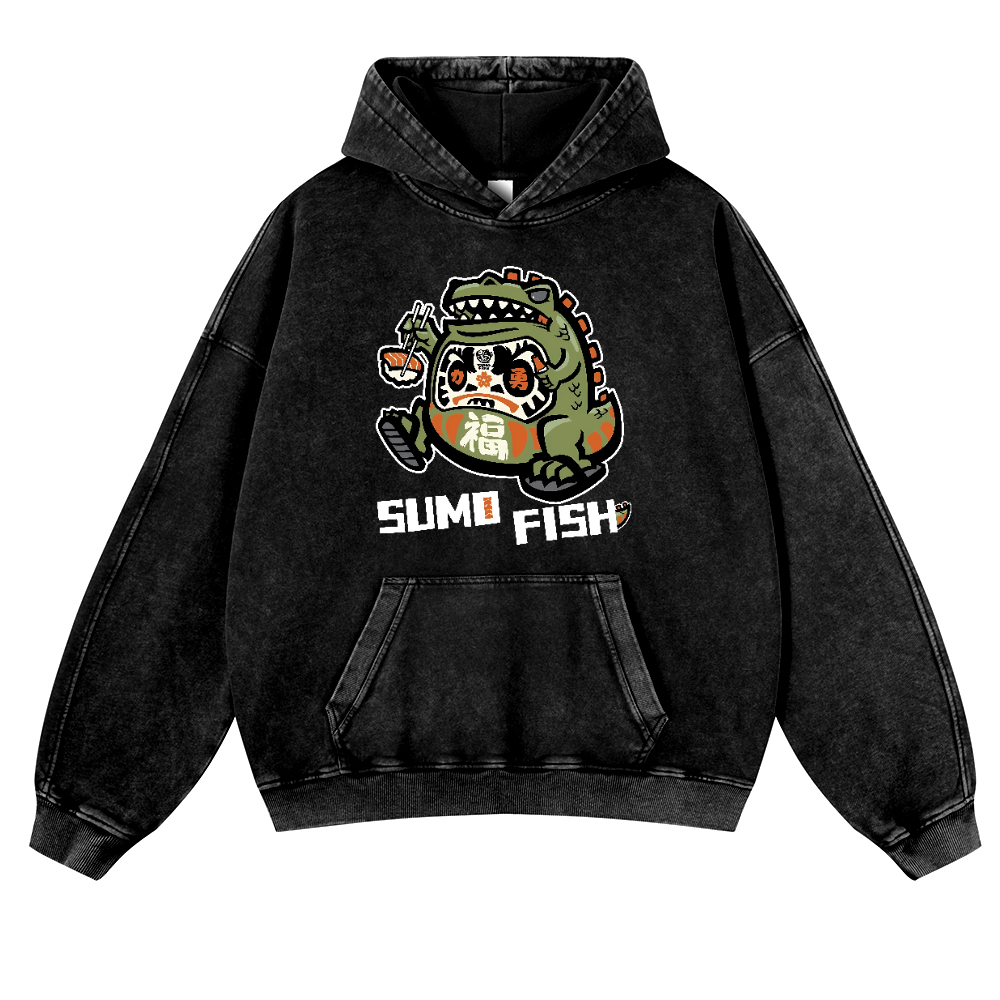 Sumo Fish Daruma Sushi Vintage Washed Thick Cotton Hoodie