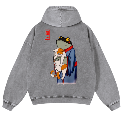 Frog and Cat Vintage Washed Cotton Back Art Hoodie