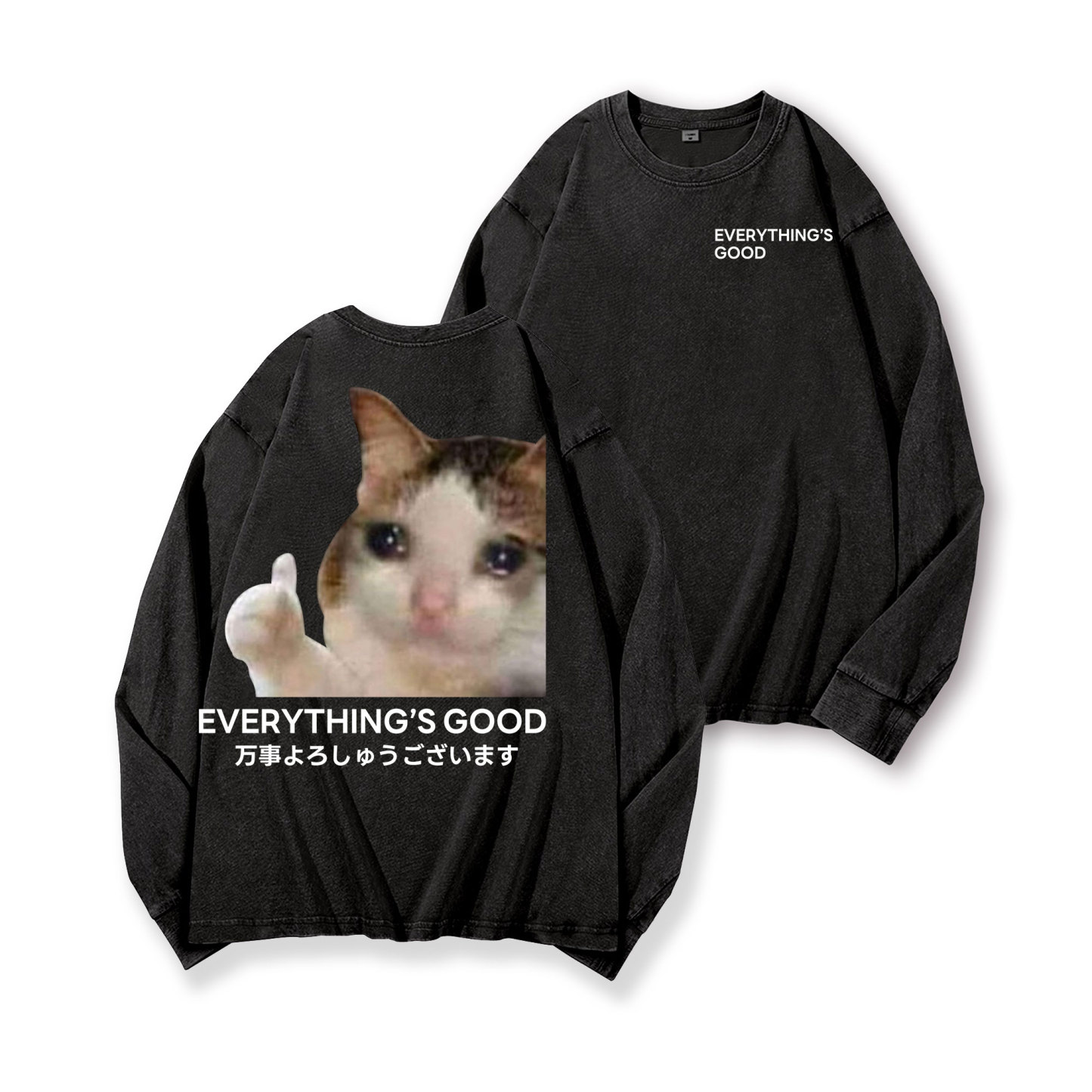 Cat Vintage Washed Cotton Back Art Long-sleeve T-shirt