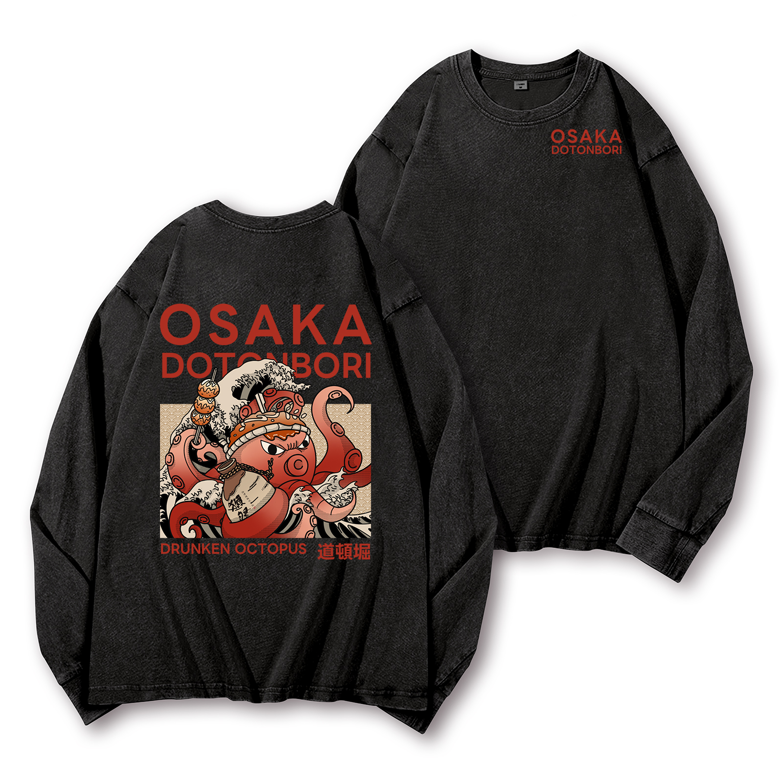 Osaka Dotonbori Drunken Octopus Vintage Washed Cotton Back Art Long-sleeve T-shirt