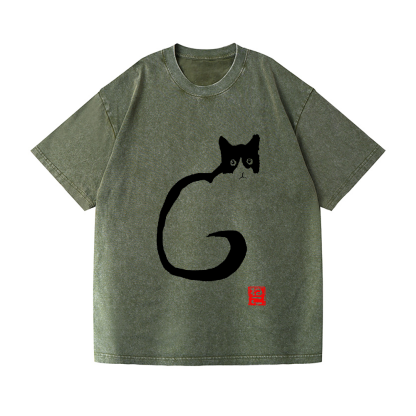 Black Ink Cat Neko Vintage Wash Japanese Design T-Shirt