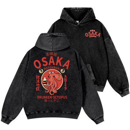 Osaka Dotonbori Drunken Octopus Vintage Washed Cotton Back Art Hoodie