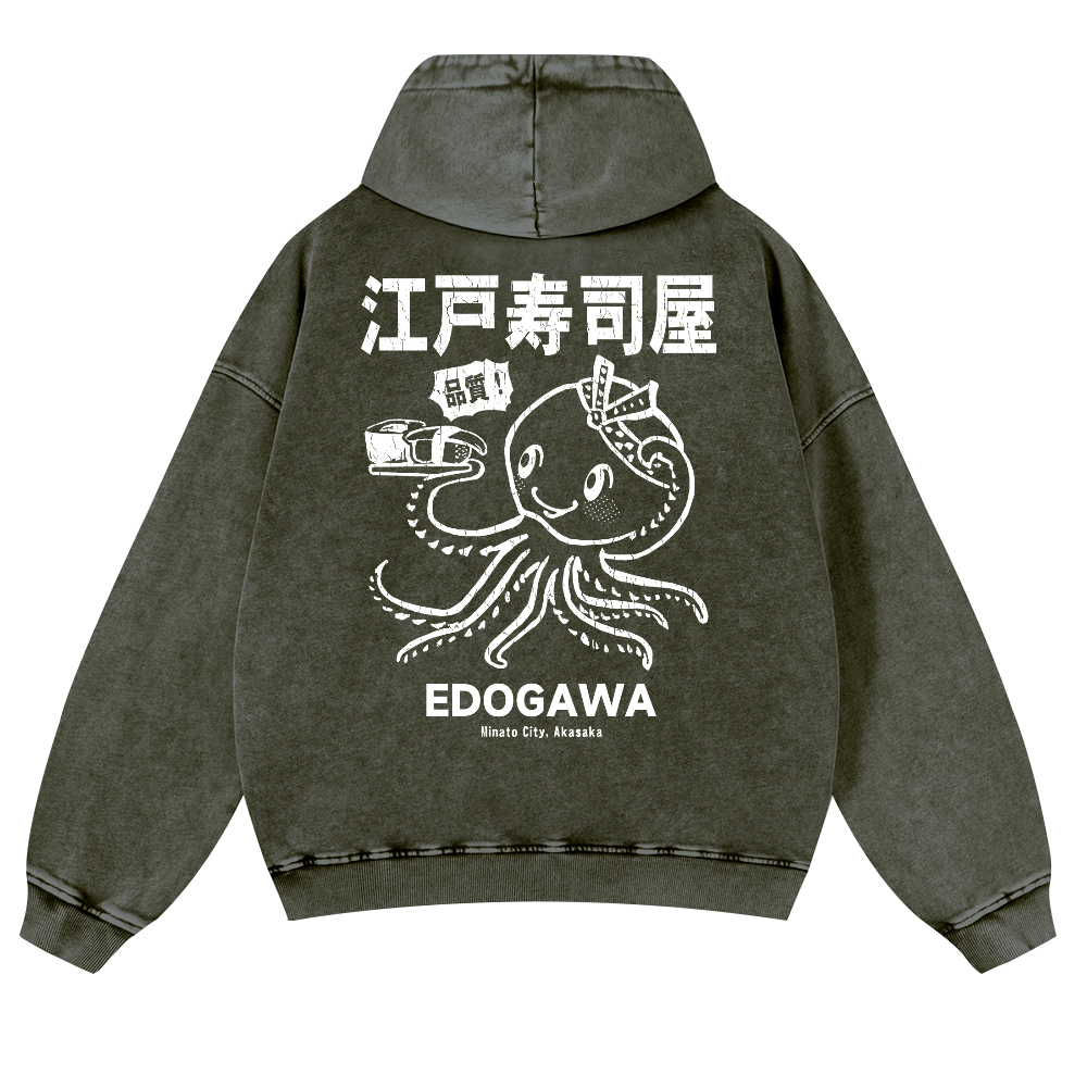 Edogawa  Octopus Vintage Washed Cotton Back Art Hoodie