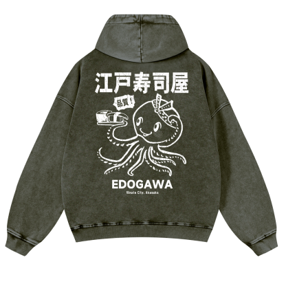 Edogawa  Octopus Vintage Washed Cotton Back Art Hoodie