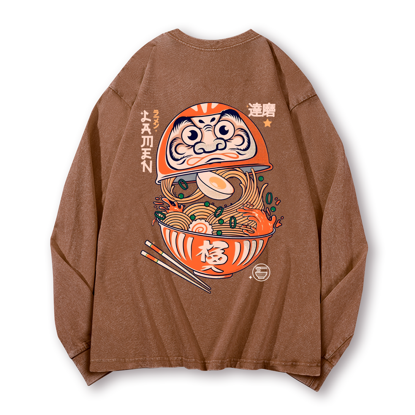 Daruma Ramen Vintage Washed Cotton Back Art Long-sleeve T-shirt