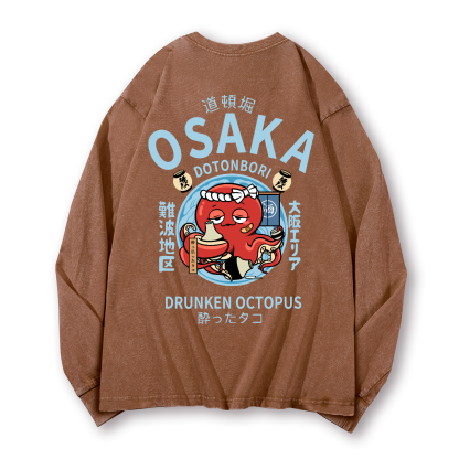Osaka Dotonbori Drunken Octopus Vintage Washed Cotton Back Art Long-sleeve T-shirt