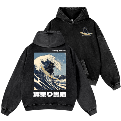 Black Cat Great Wave Vintage Washed Cotton Back Art Hoodie