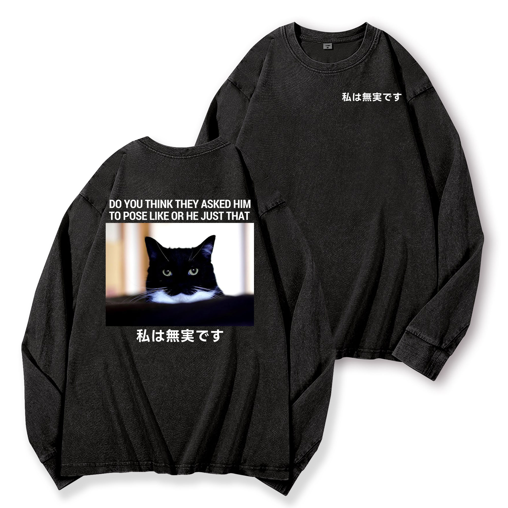 Cat Vintage Washed Cotton Back Art Long-sleeve T-shirt