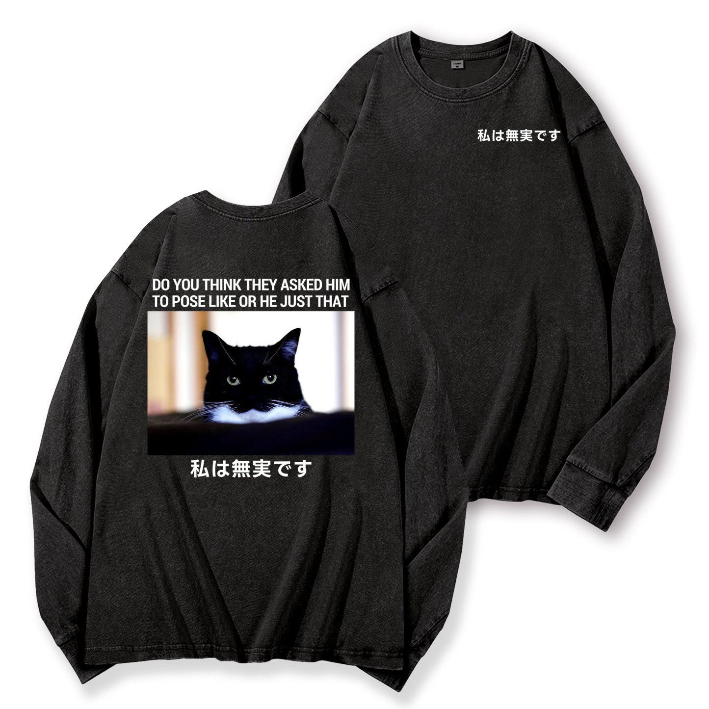 Cat Vintage Washed Cotton Back Art Long-sleeve T-shirt