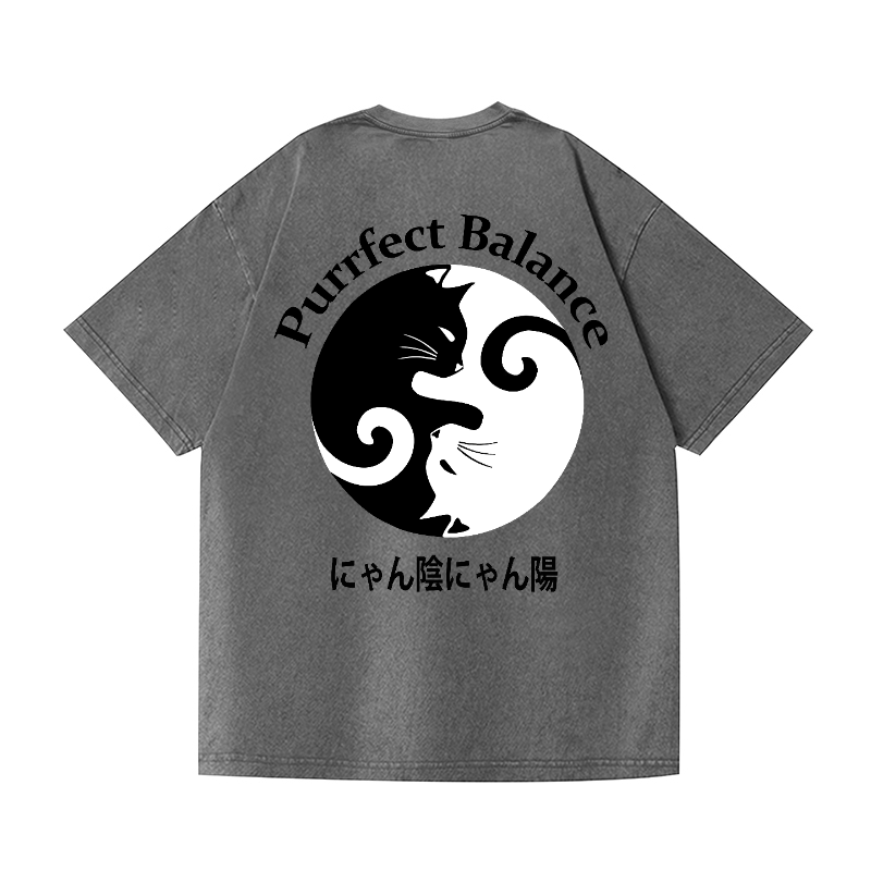 Yin-yang Cat Vintage Wash Japanese Design Back Art T-Shirt