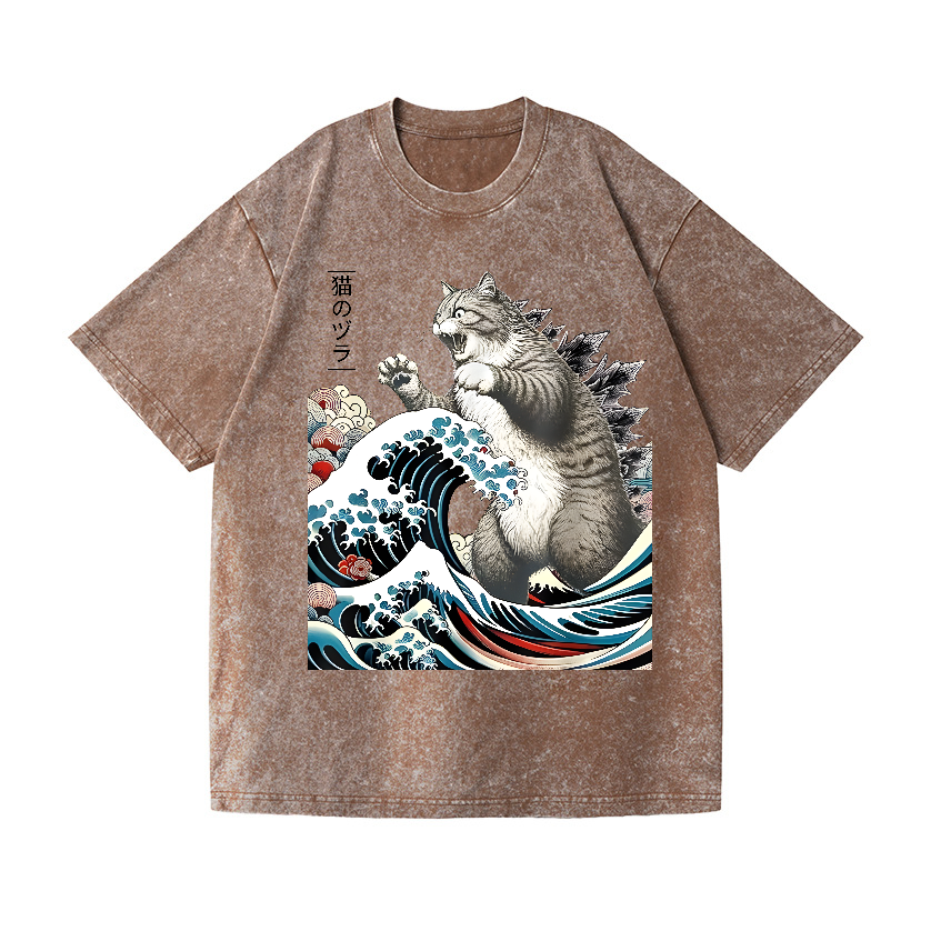 Cat godzilla Ukiyoe Great Wave Vintage Wash Japanese Design T-Shirt