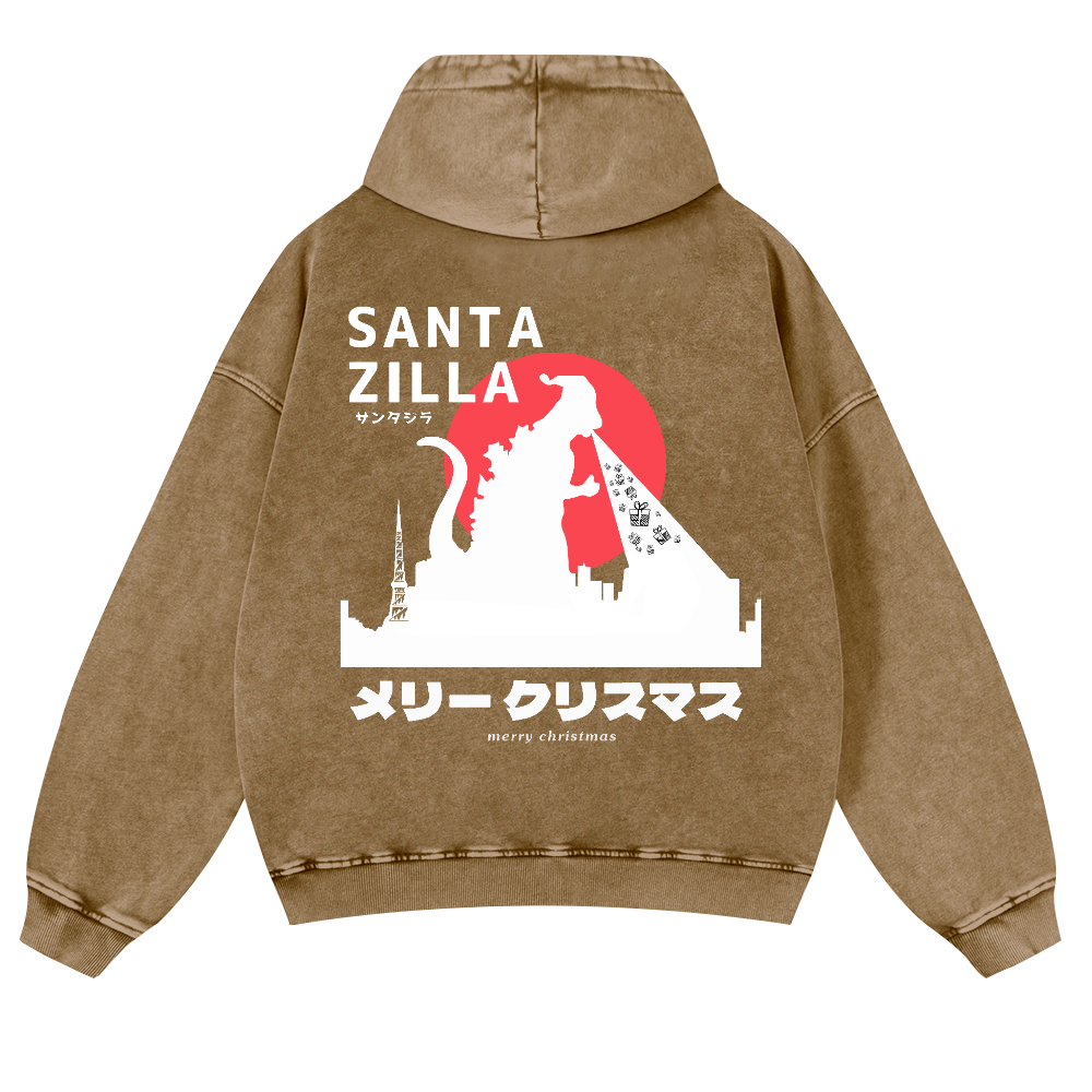 Christmas Godzilla Vintage Washed Cotton Back Art Hoodie