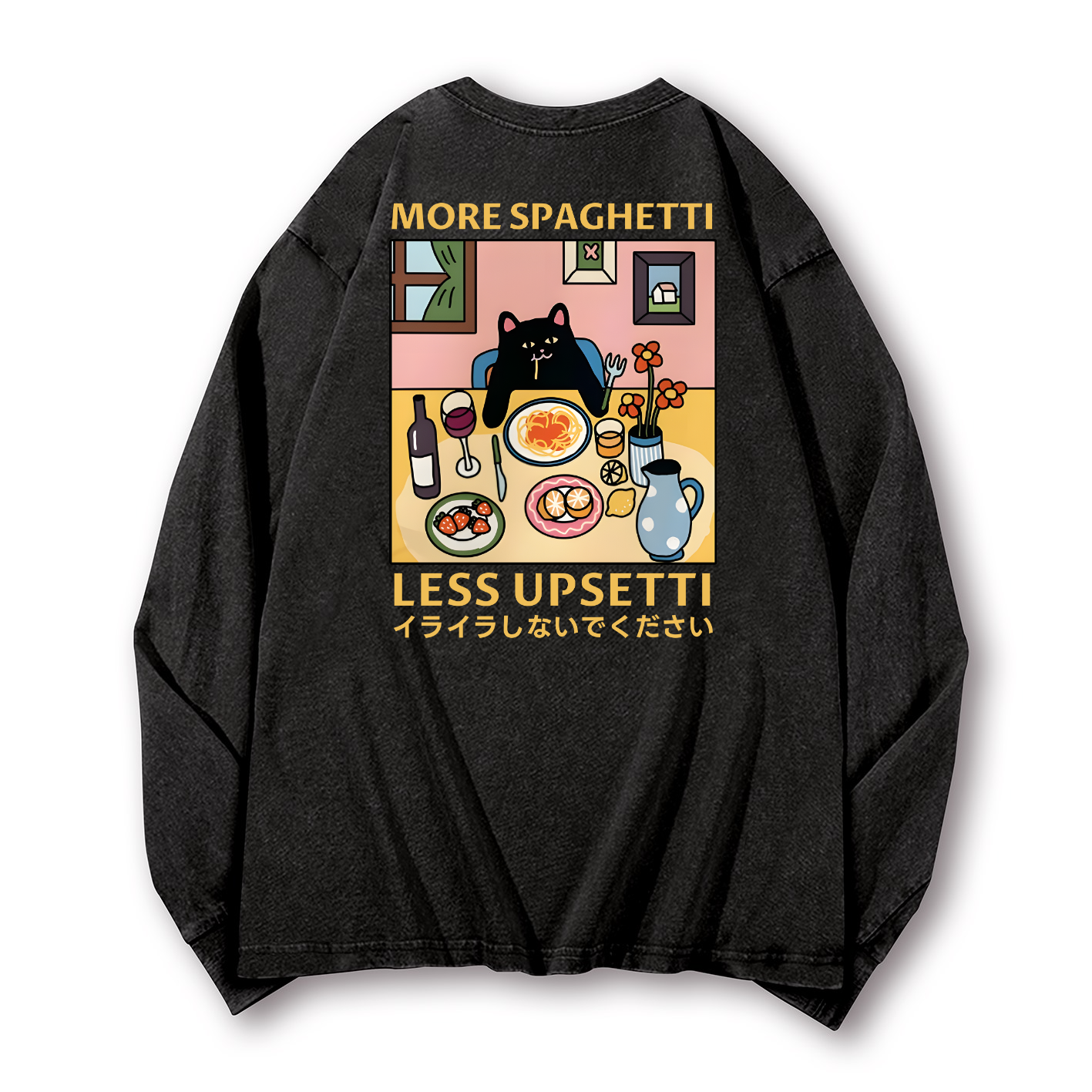 Spaghetti Cat Vintage Washed Cotton Back Art Long-sleeve T-shirt