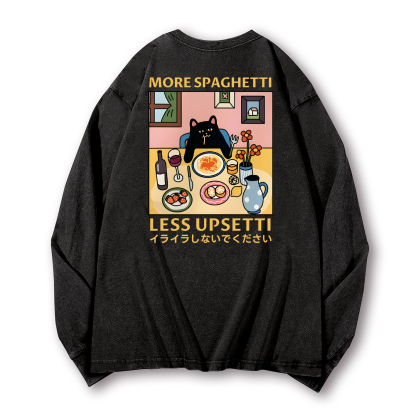 Spaghetti Cat Vintage Washed Cotton Back Art Long-sleeve T-shirt