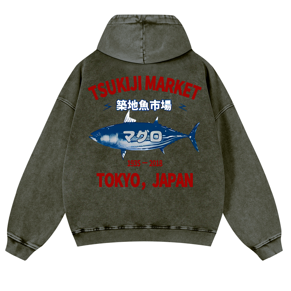Tsukiji Market Tuna Fish Tokyo Japan Vintage Washed Cotton Back Art Hoodie