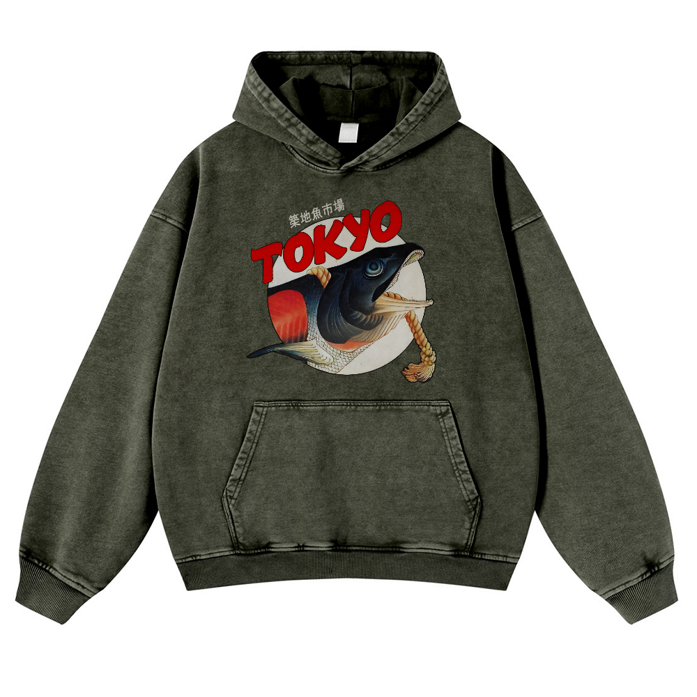 Tsukiji Fish Market Vintage Washed Thick Cotton Hoodie