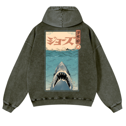 Shark Ukiyoe Vintage Washed Cotton Back Art Hoodie
