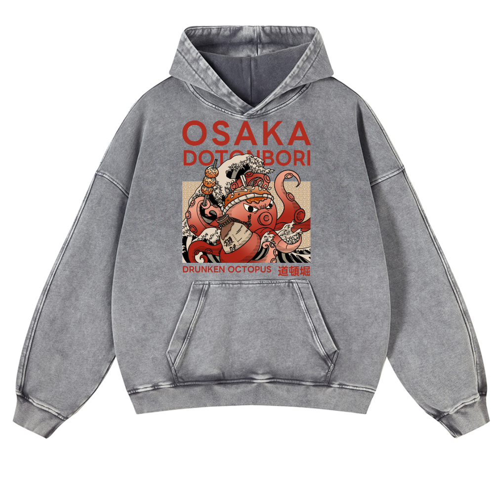Osaka Dotonbori Drunken Octopus Vintage Washed Thick Cotton Hoodie