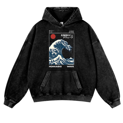 Hokkaido Wave Vintage Washed Thick Cotton Hoodie