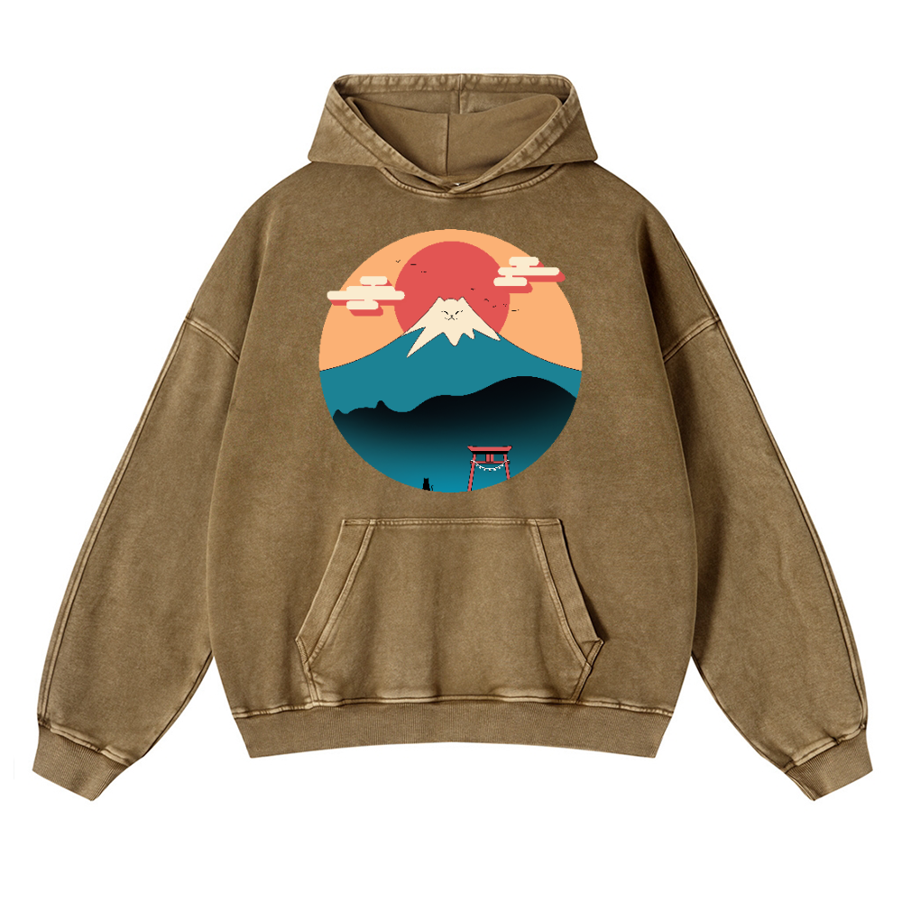 Cat Mount FUJI Vintage Washed Thick Cotton Hoodie
