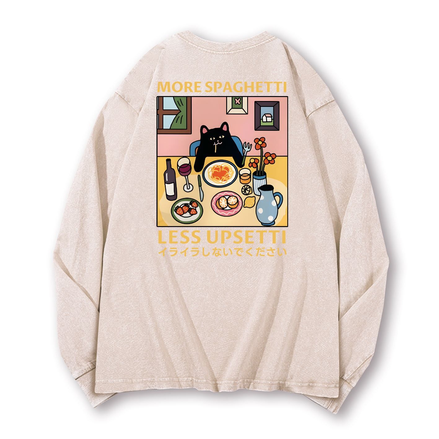 Spaghetti Cat Vintage Washed Cotton Back Art Long-sleeve T-shirt