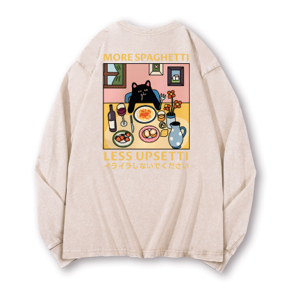 Spaghetti Cat Vintage Washed Cotton Back Art Long-sleeve T-shirt