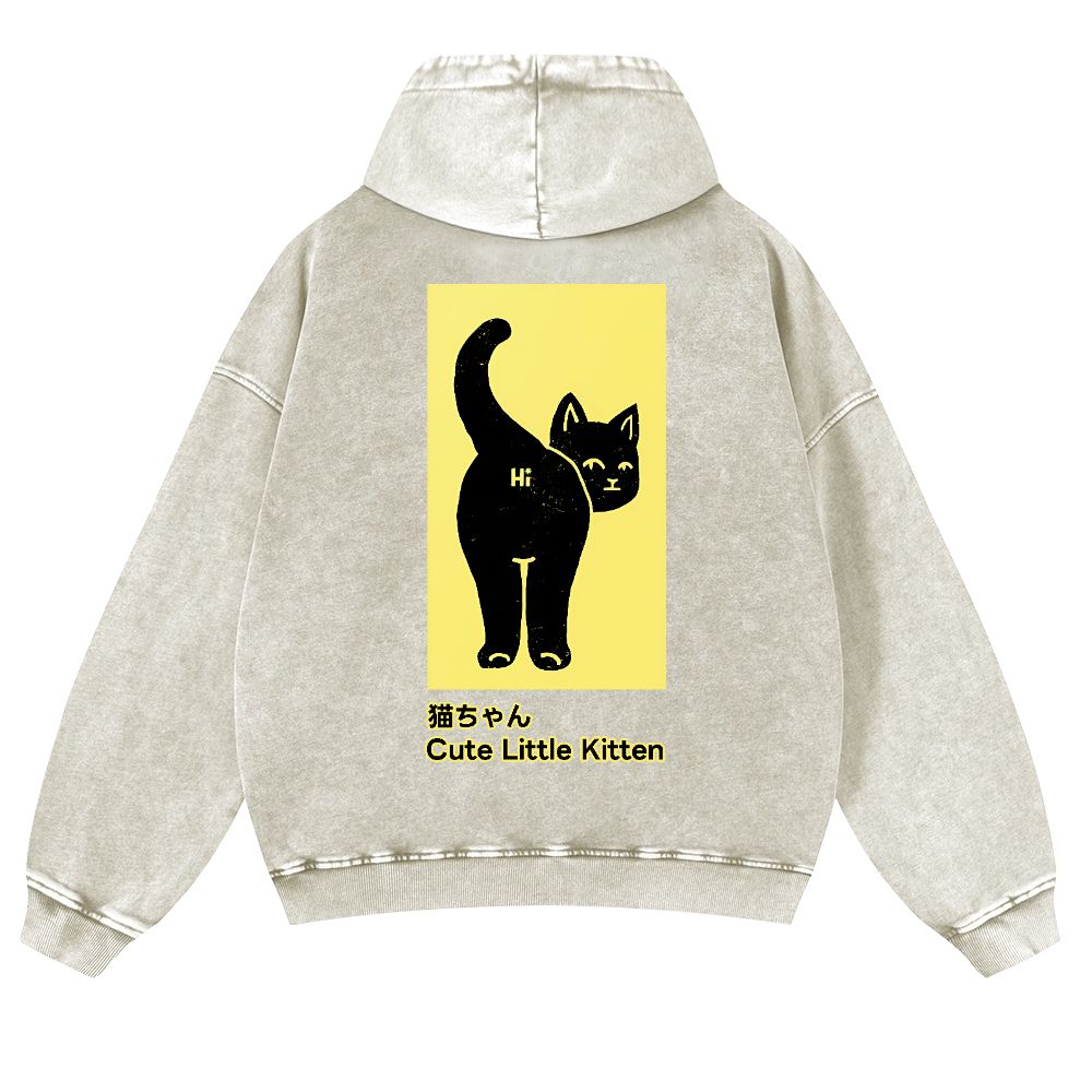 Cute Little Kitten Black Cat Vintage Washed Cotton Back Art Hoodie