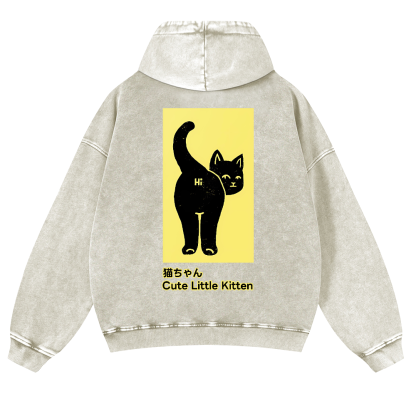 Cute Little Kitten Black Cat Vintage Washed Cotton Back Art Hoodie