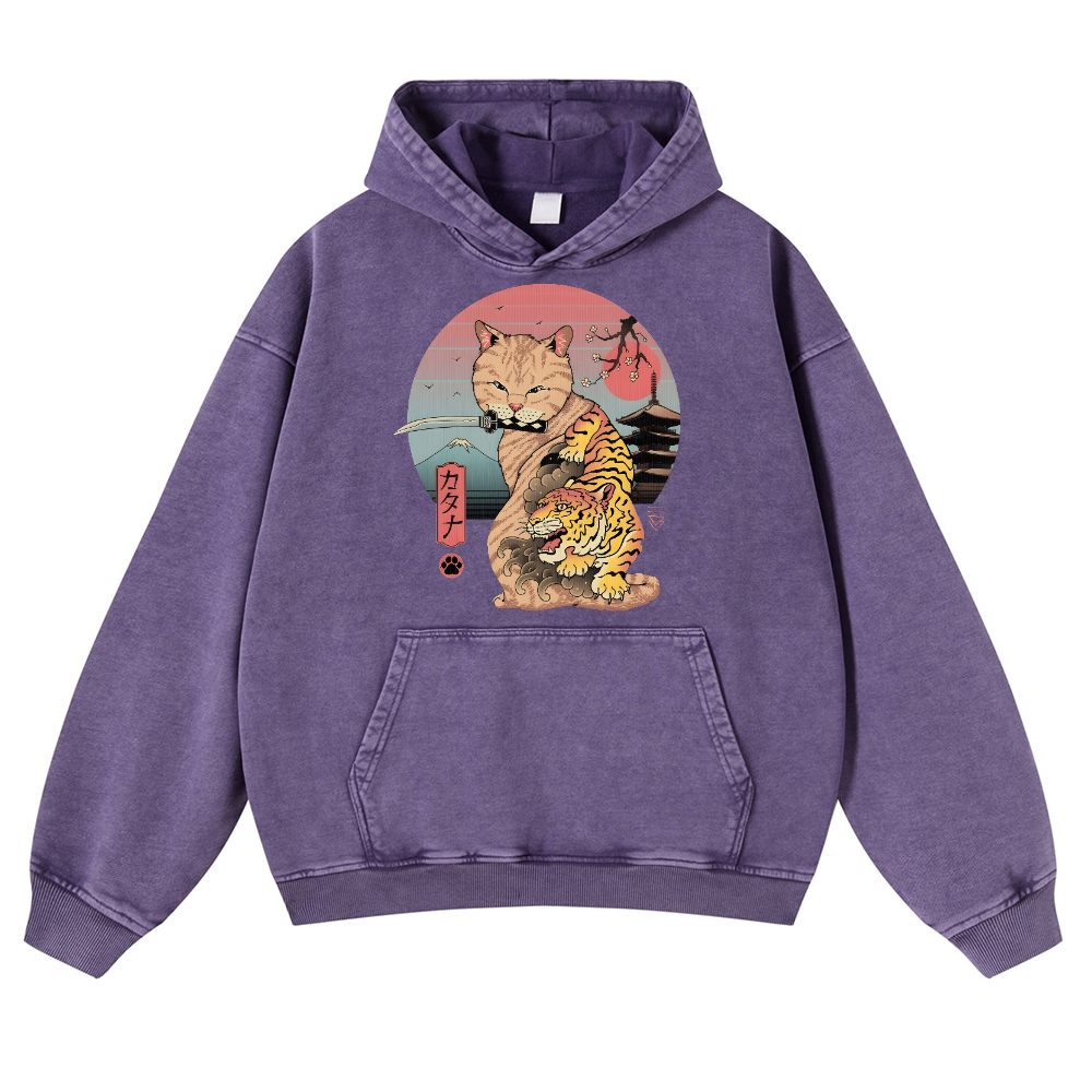 Japanese themed Cat Tiger Illustration Vintage Washed Thick Cotton Hoodie