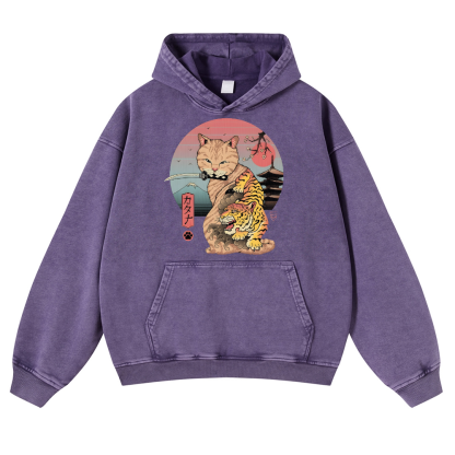 Japanese themed Cat Tiger Illustration Vintage Washed Thick Cotton Hoodie