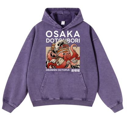 Osaka Dotonbori Drunken Octopus Vintage Washed Thick Cotton Hoodie