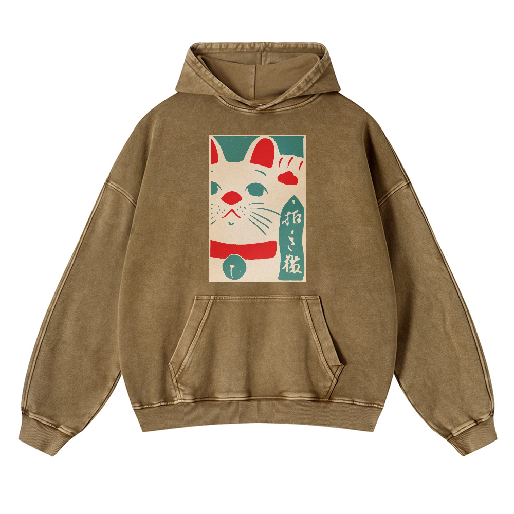 Lucky Cat Vintage Washed Thick Cotton Hoodie