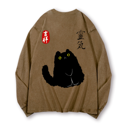 Lucky Cat Black Cat Vintage Washed Cotton Back Art Long-sleeve T-shirt