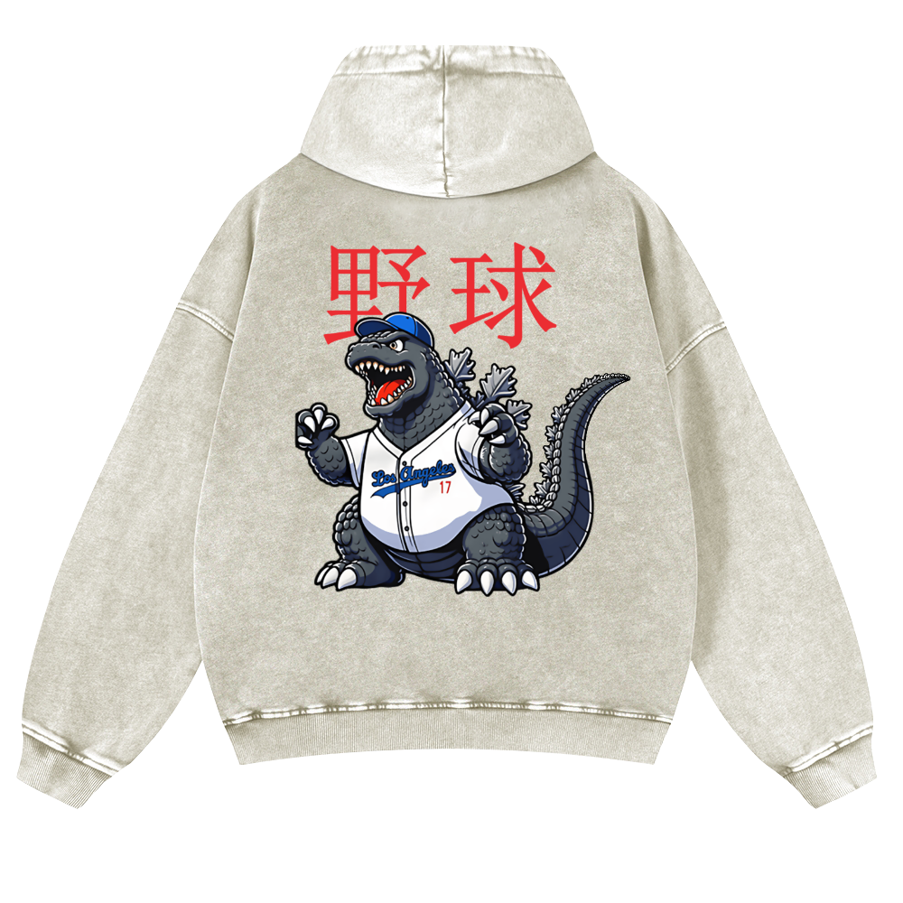 Godzilla Baseball Vintage Washed Cotton Back Art Hoodie