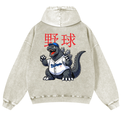 Godzilla Baseball Vintage Washed Cotton Back Art Hoodie