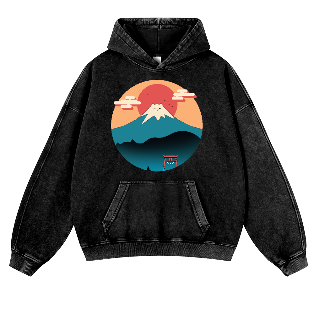 Cat Mount FUJI Vintage Washed Thick Cotton Hoodie