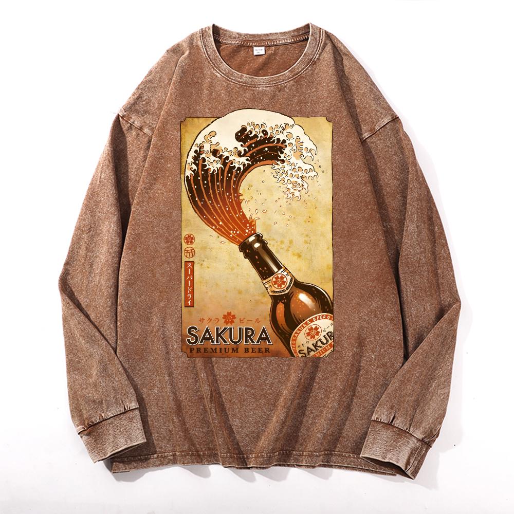 Sakura Wave Vintage Cotton Wash Crewneck Sweatshirt