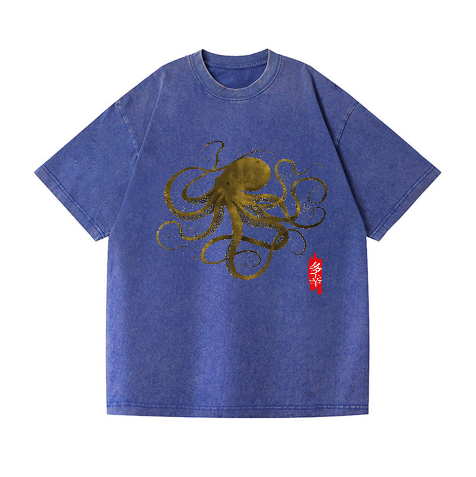 Octopus Calligraphy Vintage Wash Japanese Design T-Shirt