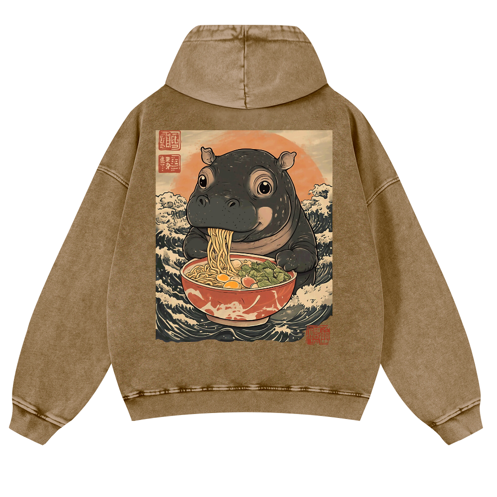 Hippo Ramen Ukiyoe Vintage Washed Cotton Back Art Hoodie