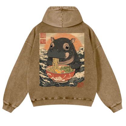 Hippo Ramen Ukiyoe Vintage Washed Cotton Back Art Hoodie