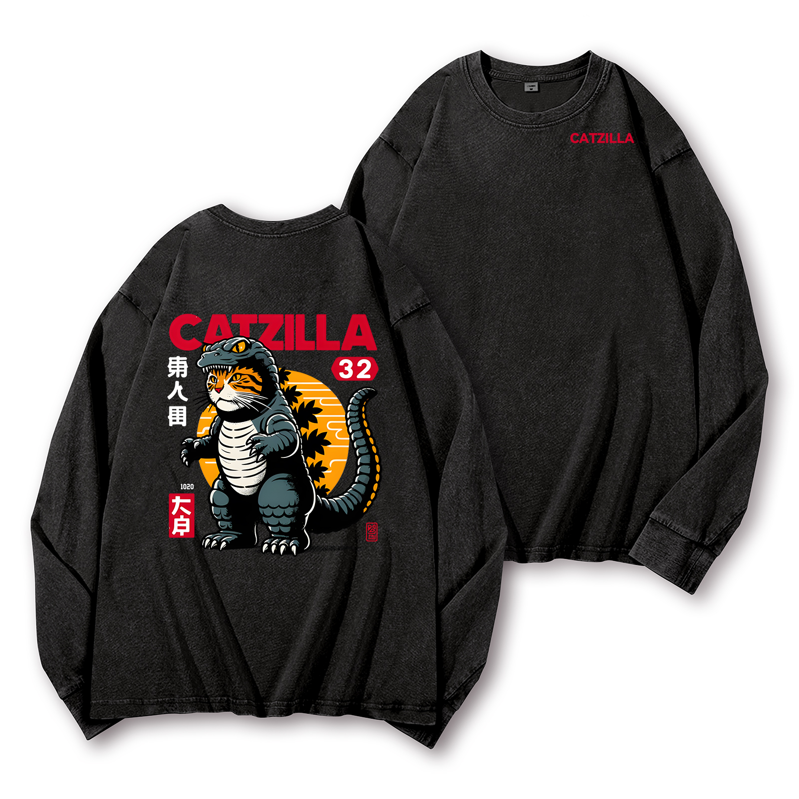 Cat Godzilla Catzilla Vintage Washed Cotton Back Art Long-sleeve T-shirt