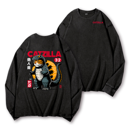 Cat Godzilla Catzilla Vintage Washed Cotton Back Art Long-sleeve T-shirt