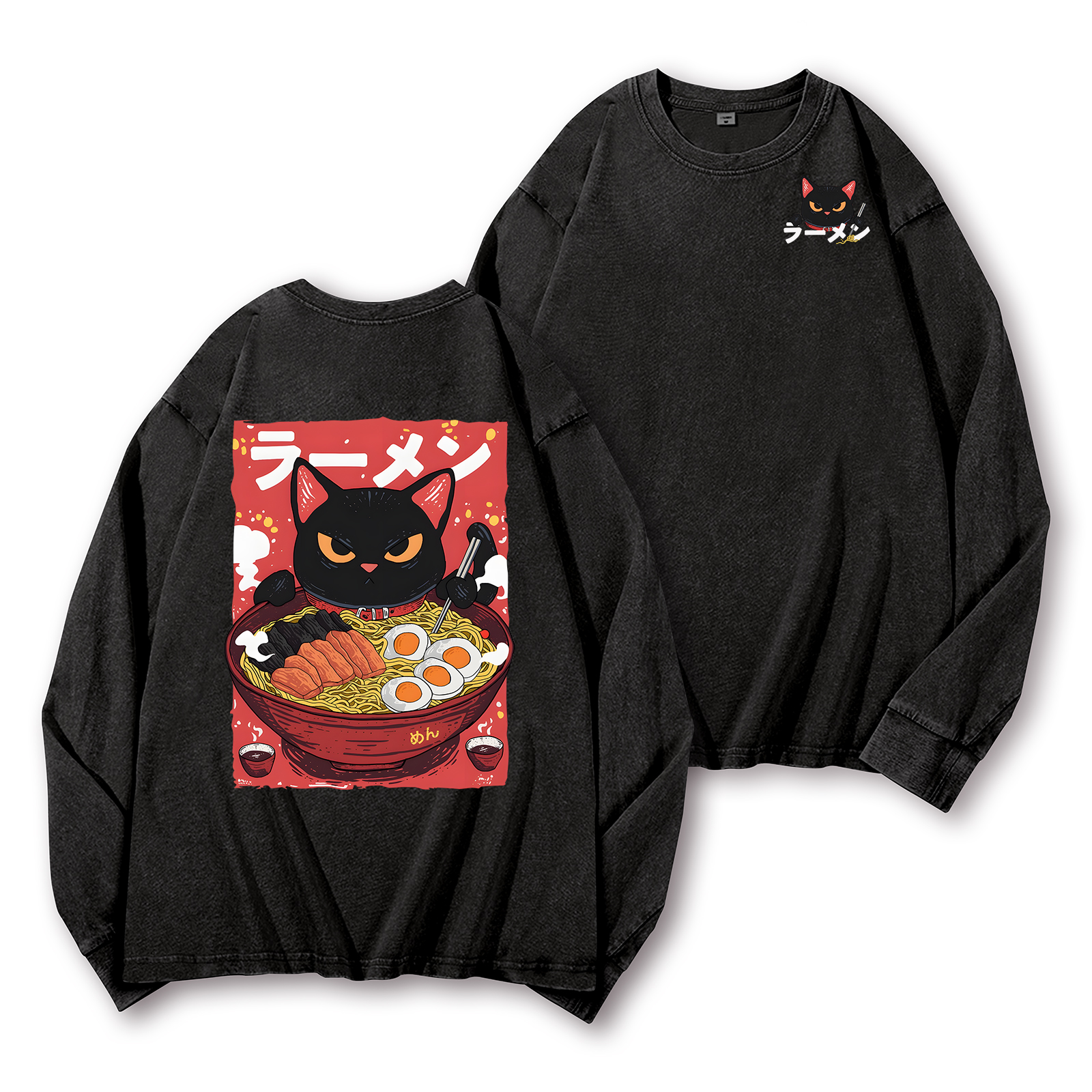 Ramen Black Cat Vintage Washed Cotton Back Art Long-sleeve T-shirt