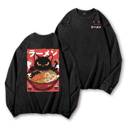 Ramen Black Cat Vintage Washed Cotton Back Art Long-sleeve T-shirt